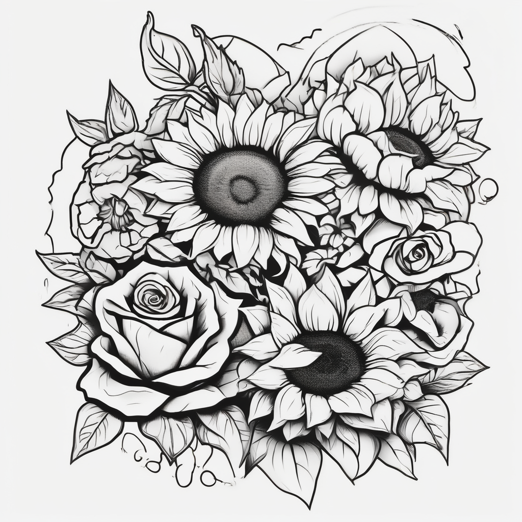 sunflower and roses floral sleeve tattoo drake tattoos, AI-generated Cartoon tattoo design
